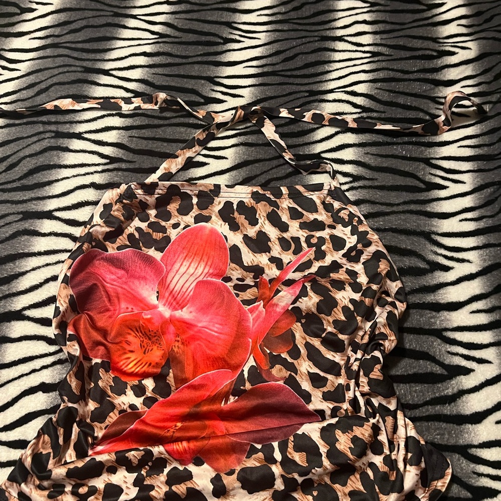 Leopard Print Halter Top with Red Floral Design